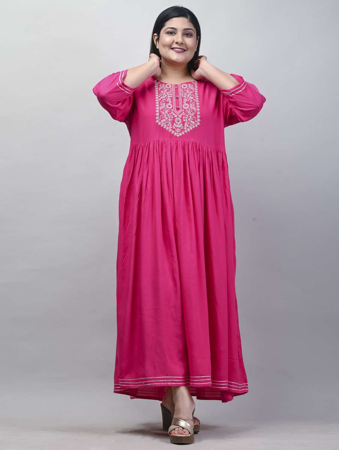 women plus size embroidered three quarter sleeve dress