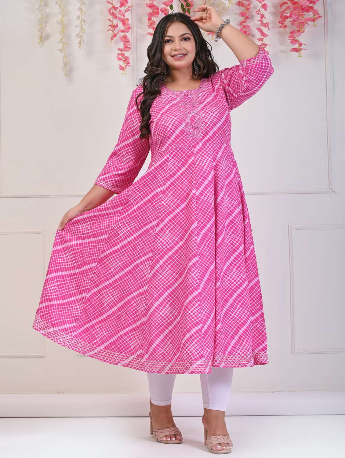 women printed three quarter sleeve a-line kurta