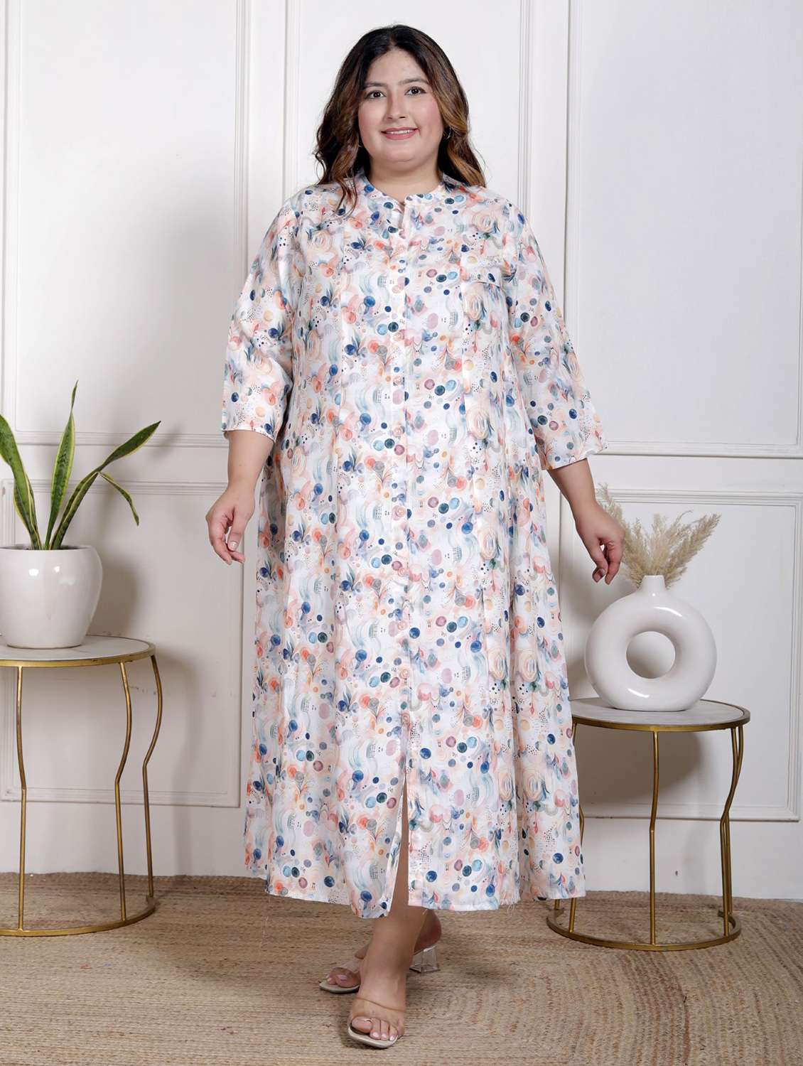 women plus size printed three quarter sleeve dress - 22076799 -  Zoom Image - 0