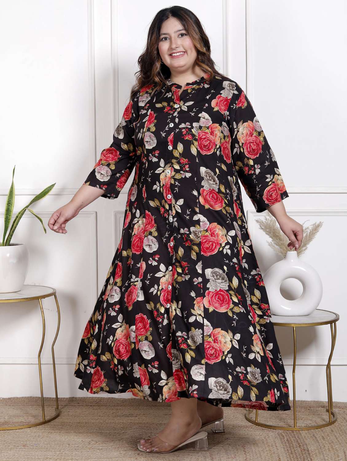 women plus size printed three quarter sleeve dress