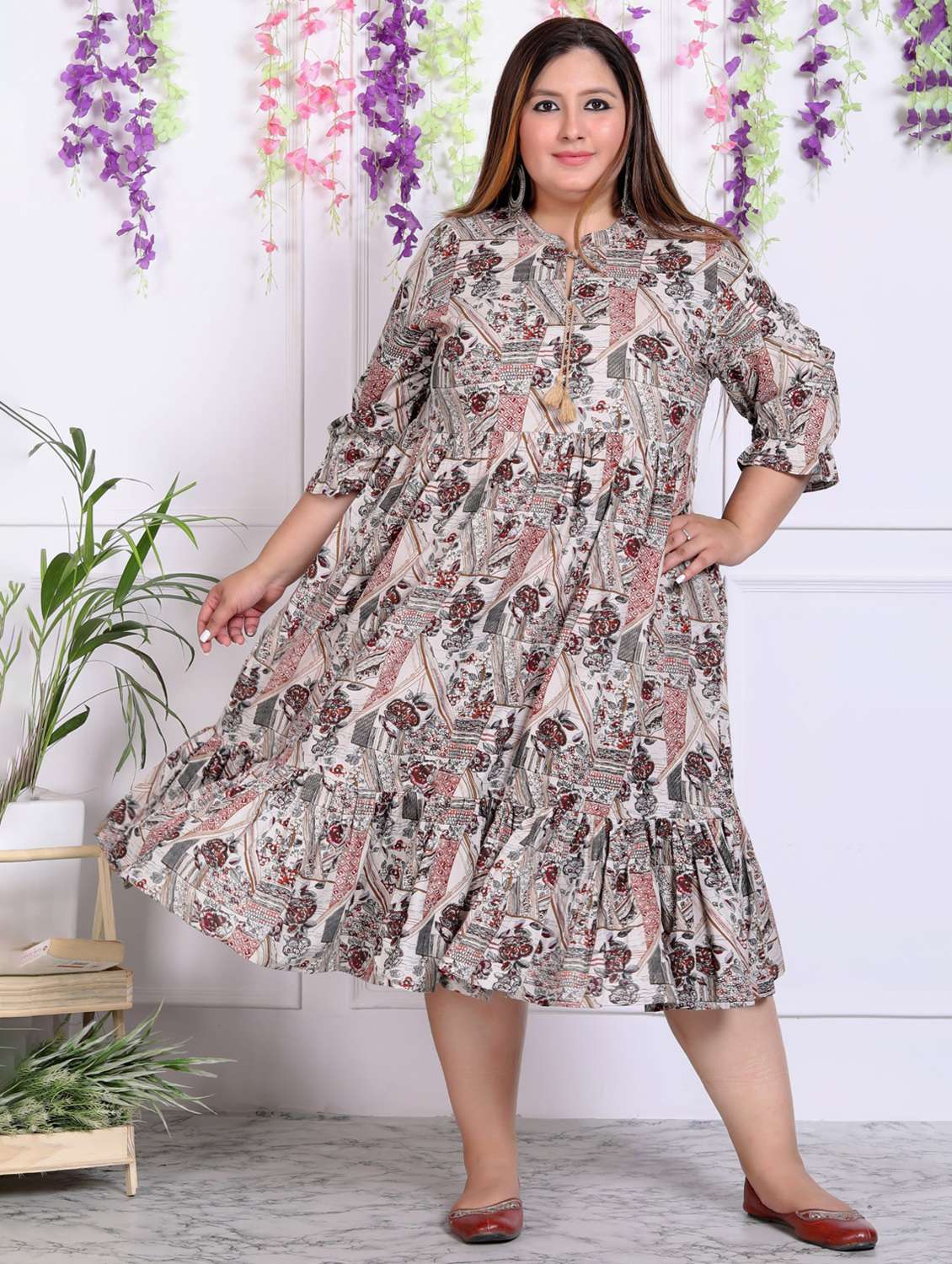 women plus size printed three quarter sleeve dress - 22076816 -  Zoom Image - 0