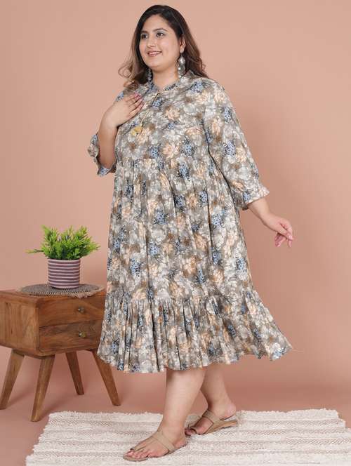 women plus size printed three quarter sleeve dress - 22076819 - Standard Image - 0