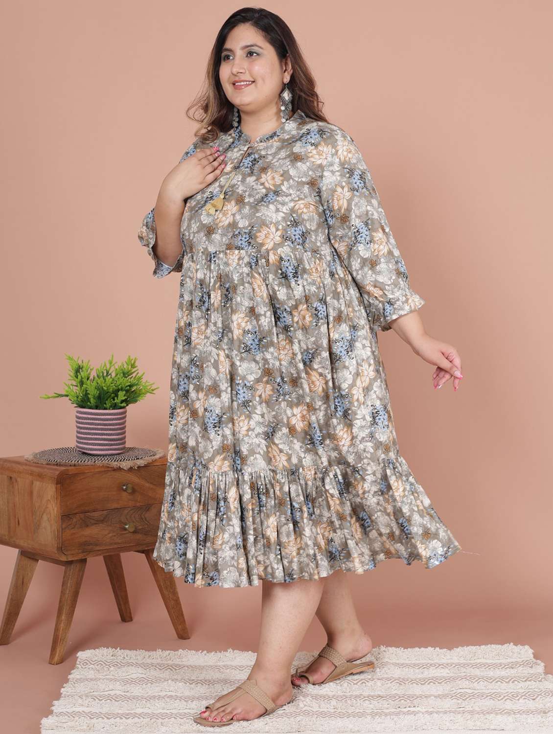 women plus size printed three quarter sleeve dress - 22076819 - Zoom Image - 0