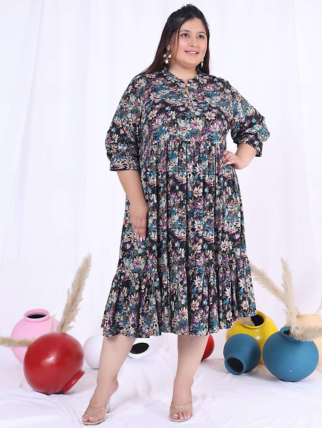women plus size printed three quarter sleeve dress - 22076822 - Zoom Image - 0