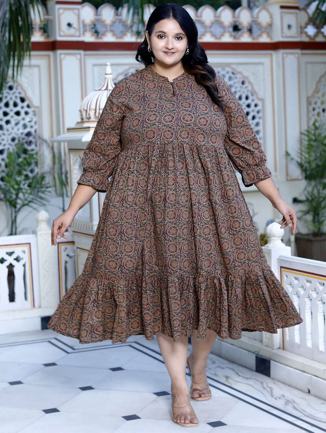 women plus size printed three quarter sleeve dress