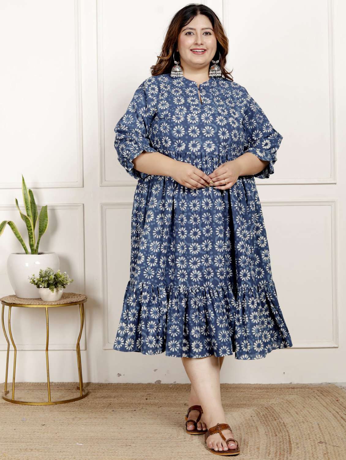 women plus size printed three quarter sleeve dress