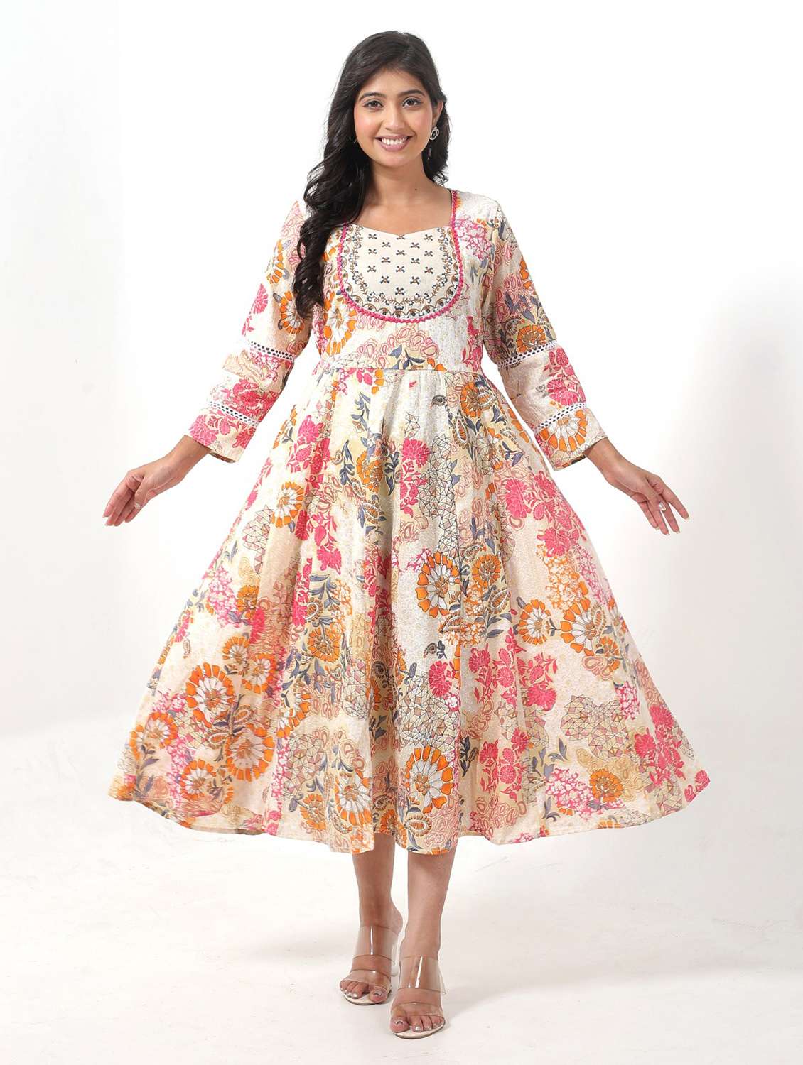 womenn floral print long sleeve fit & flare dress - 22076831 -  Zoom Image - 0