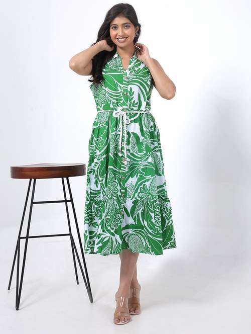 women printed collared sleeveless tiered dress - 22076835 -  Standard Image - 0