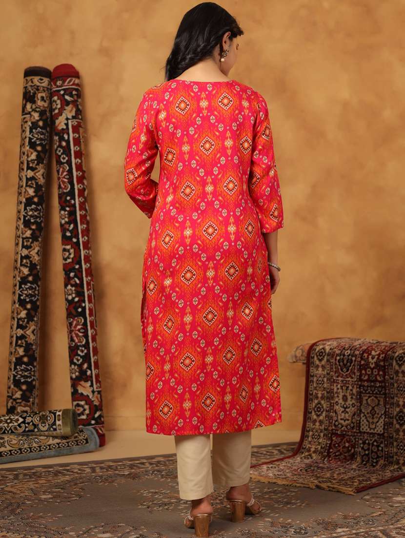 women printed three quarter sleeve straight kurta - 22076873 - Standard Image - 3