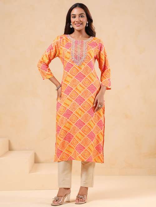 women printed three quarter sleeve straight kurta - 22076880 - Standard Image - 0