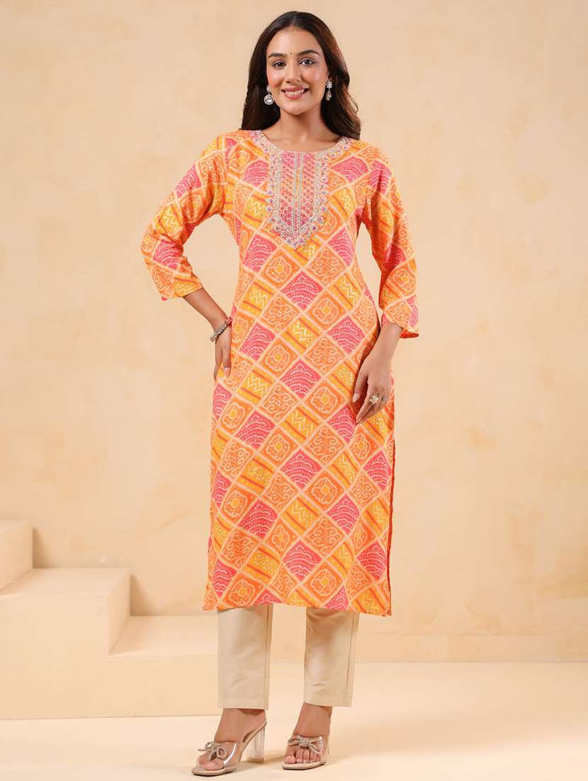 women printed three quarter sleeve straight kurta - 22076880 - Zoom Image - 0