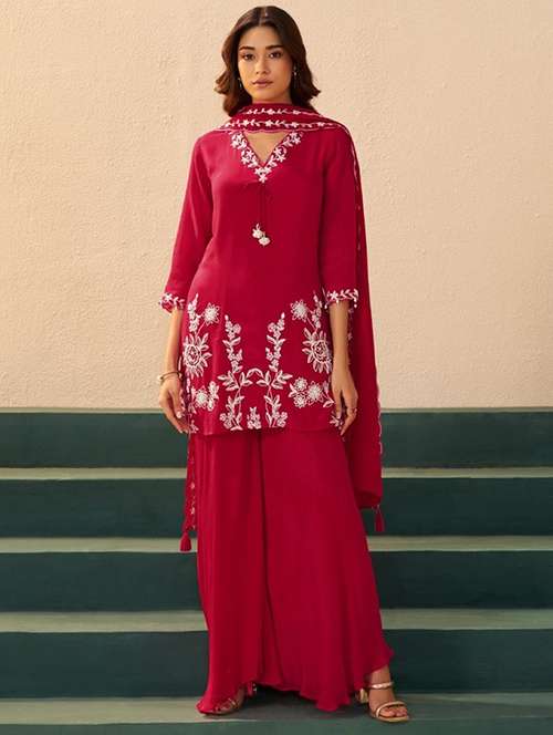 women embroidered three quarter sleeve kurta palazzo with dupatta set - 22076941 -  Standard Image - 0