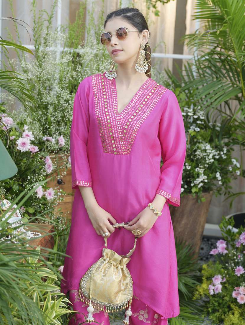 women solid three quarter sleeve kurta pant set - 22076955 - Standard Image - 3