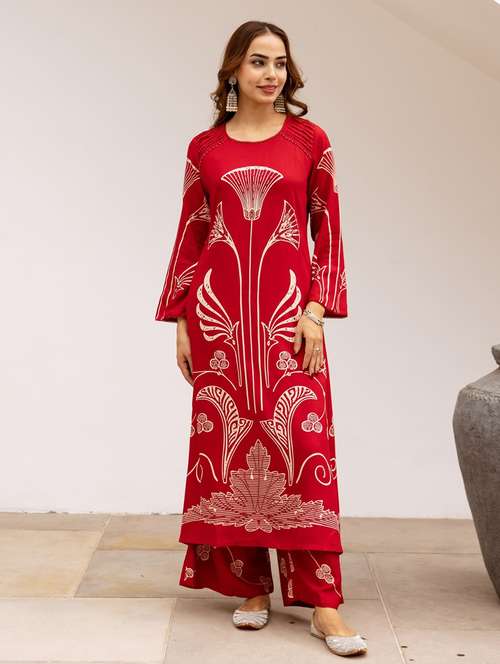 women printed long sleeve kurta palazzo set - 22076959 - Standard Image - 0
