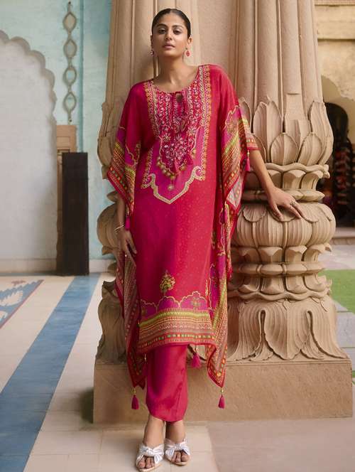 women printed kimono sleeve kaftan kurta with pant set - 22076963 - Standard Image - 0