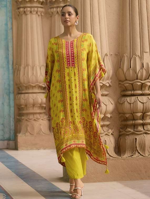 women printed kimono sleeve kaftan kurta with pant set - 22076977 -  Zoom Image - 0
