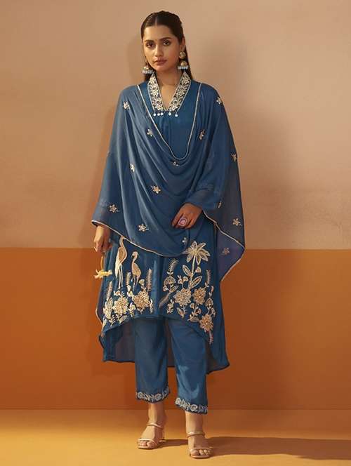 women embroidered three quarter sleeve kurta pant with dupatta set - 22076984 -  Standard Image - 0