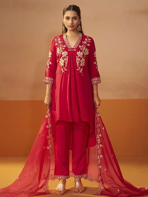 women embroidered three quarter sleeve kurta pant with dupatta set - 22076989 -  Standard Image - 0