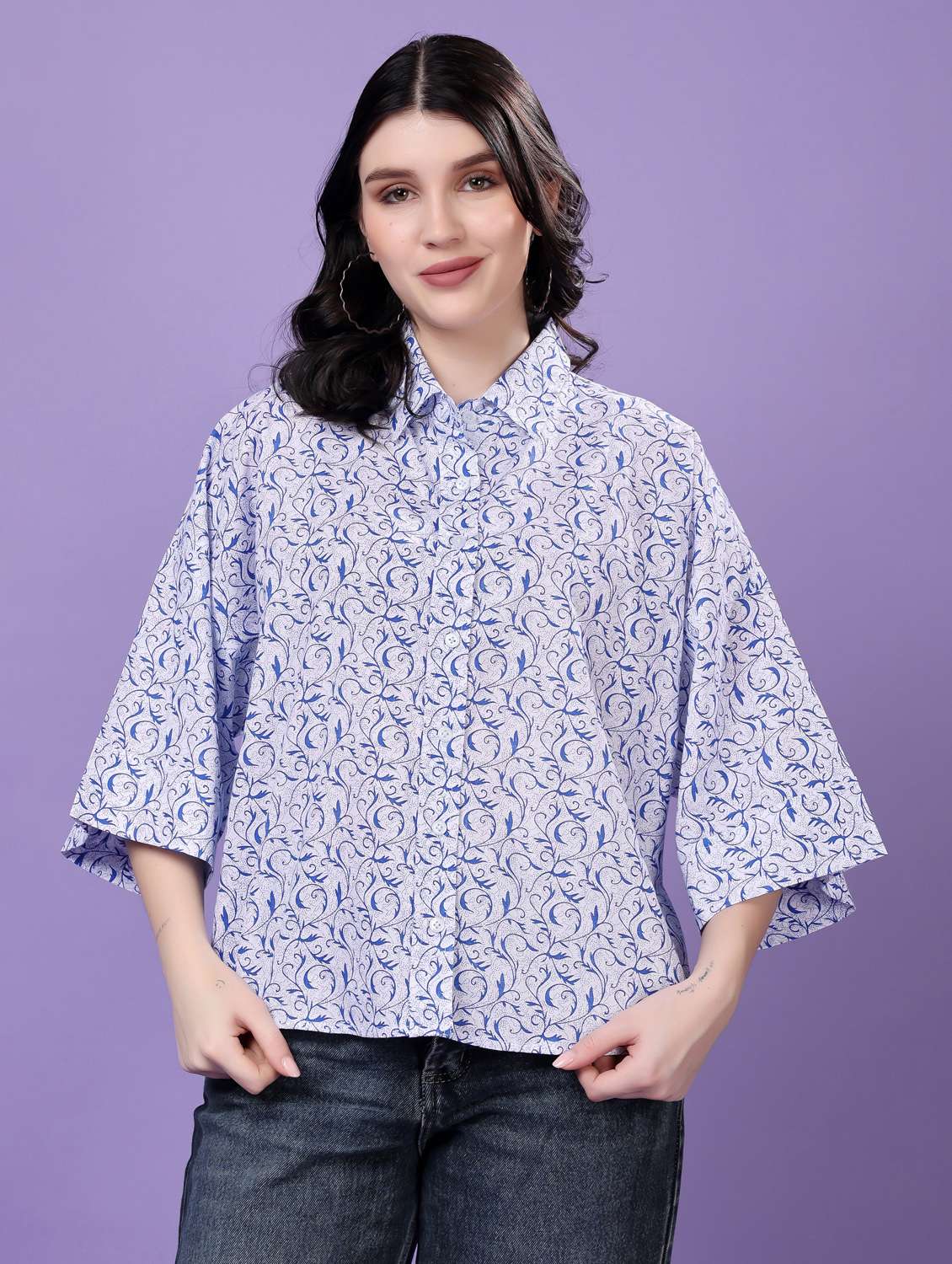 women printed drop sleeve collared oversized shirt - 22077001 - Zoom Image - 0