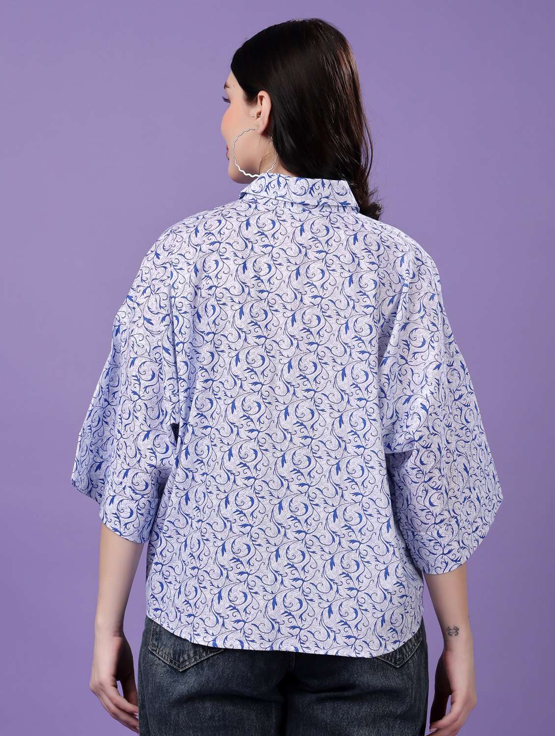 women printed drop sleeve collared oversized shirt - 22077001 - Standard Image - 3