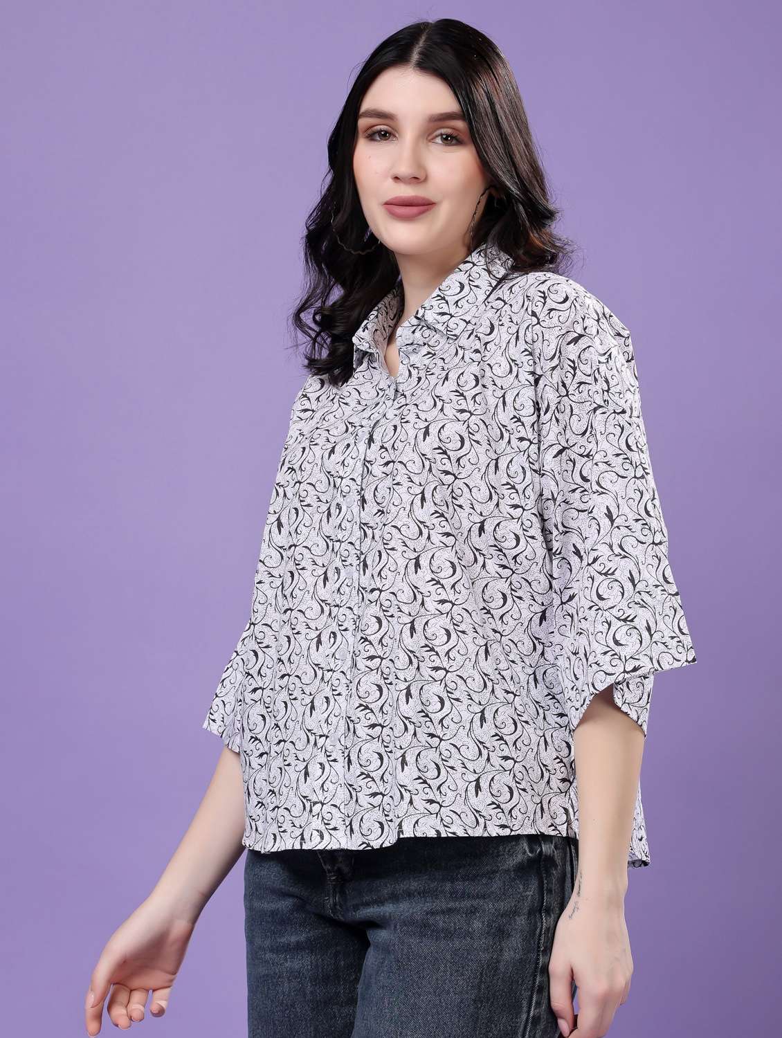 women printed drop shoulder collared oversized shirt - 22077002 - Standard Image - 3