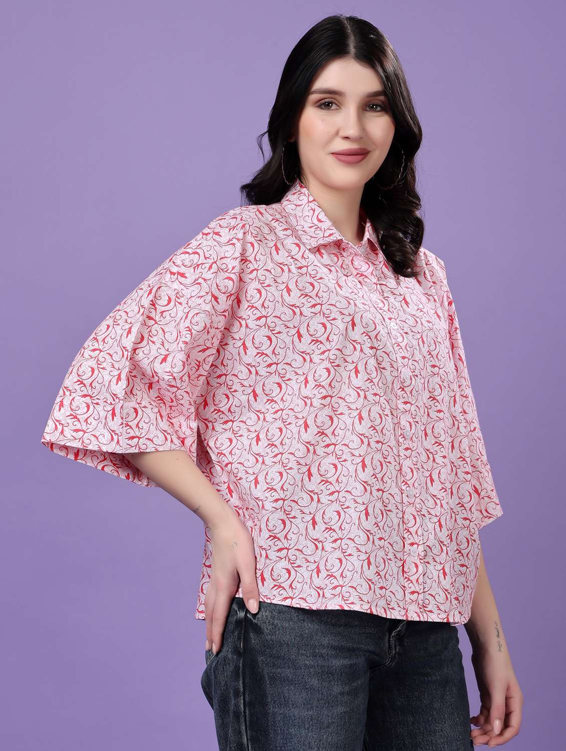 women printed drop sleeve collared oversized shirt - 22077003 -  Zoom Image - 0
