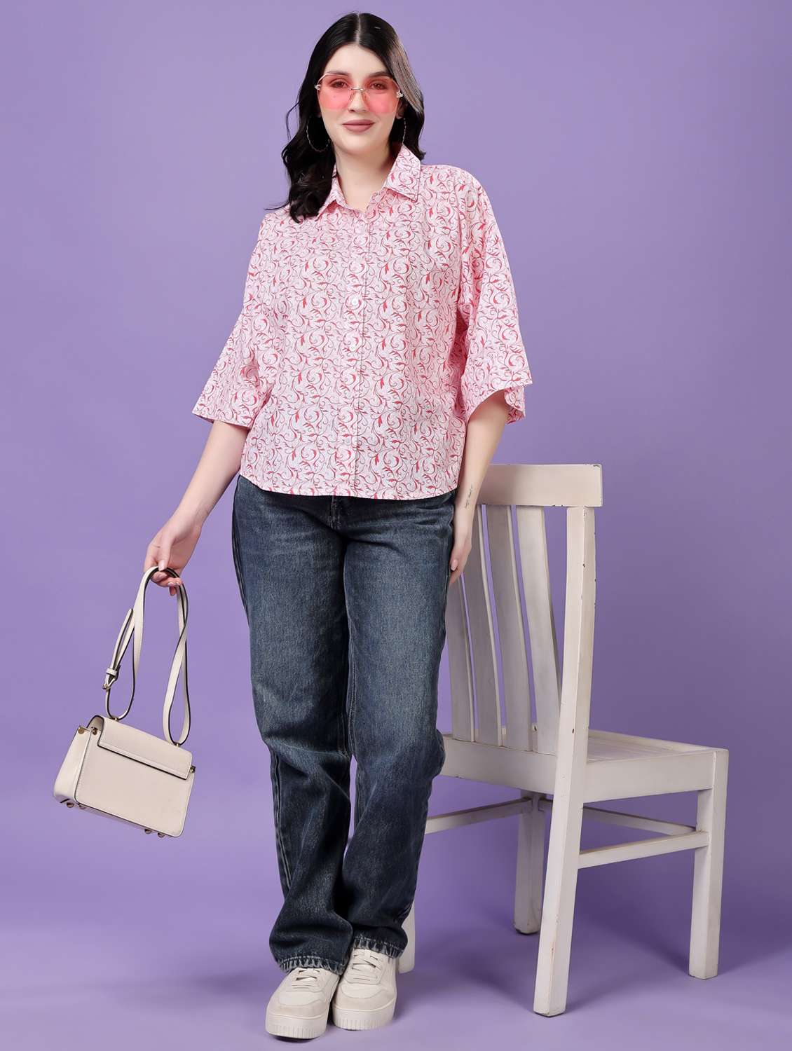 women printed drop sleeve collared oversized shirt - 22077003 - Standard Image - 3