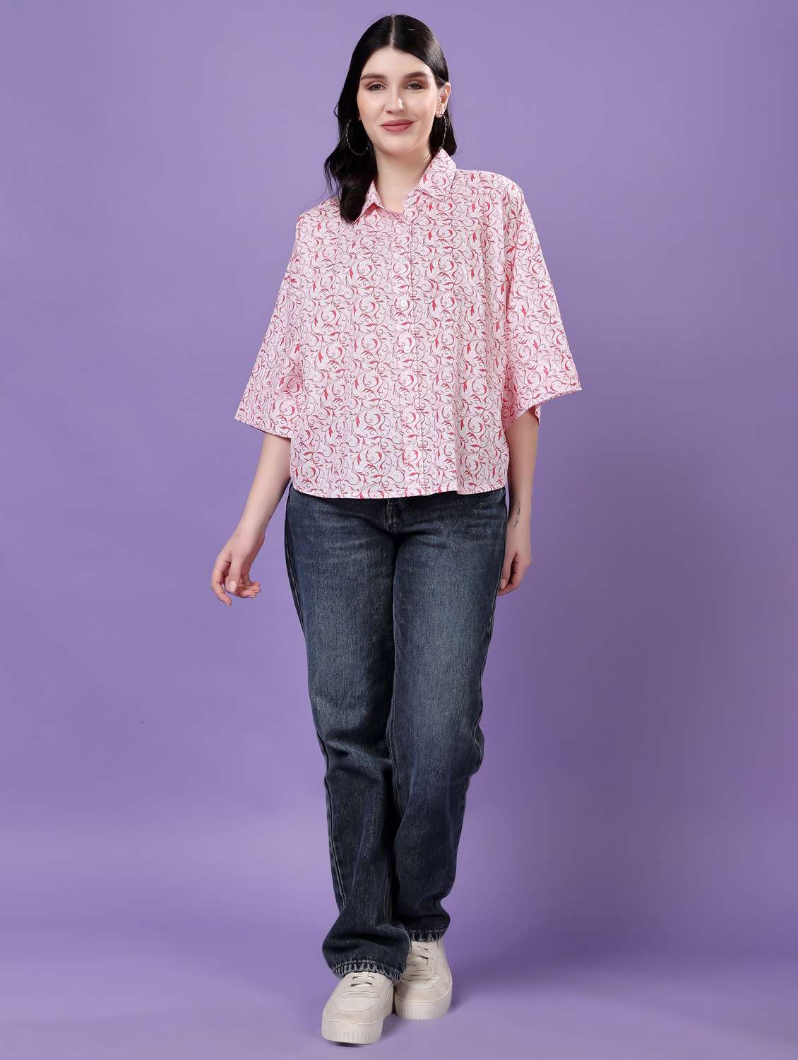 women printed drop sleeve collared oversized shirt - 22077003 - Standard Image - 5