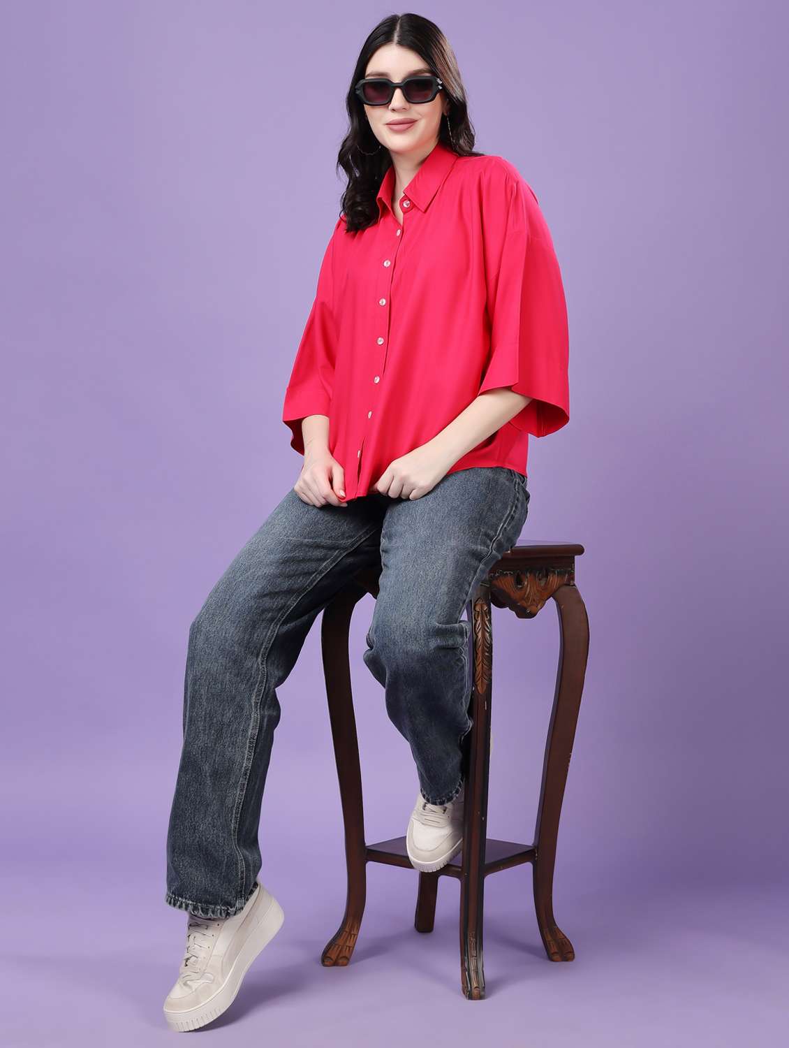 women solid drop sleeve collared oversized shirt - 22077004 - Standard Image - 5