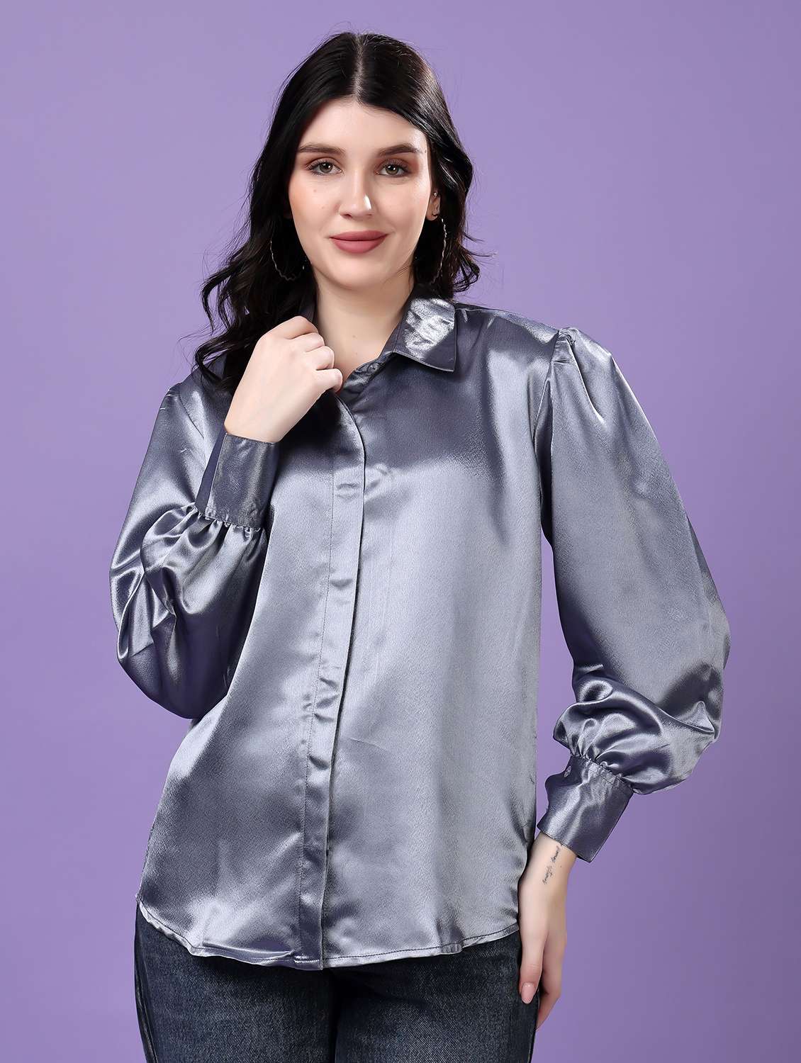 grey satin regular shirt - 22077605 -  Zoom Image - 0