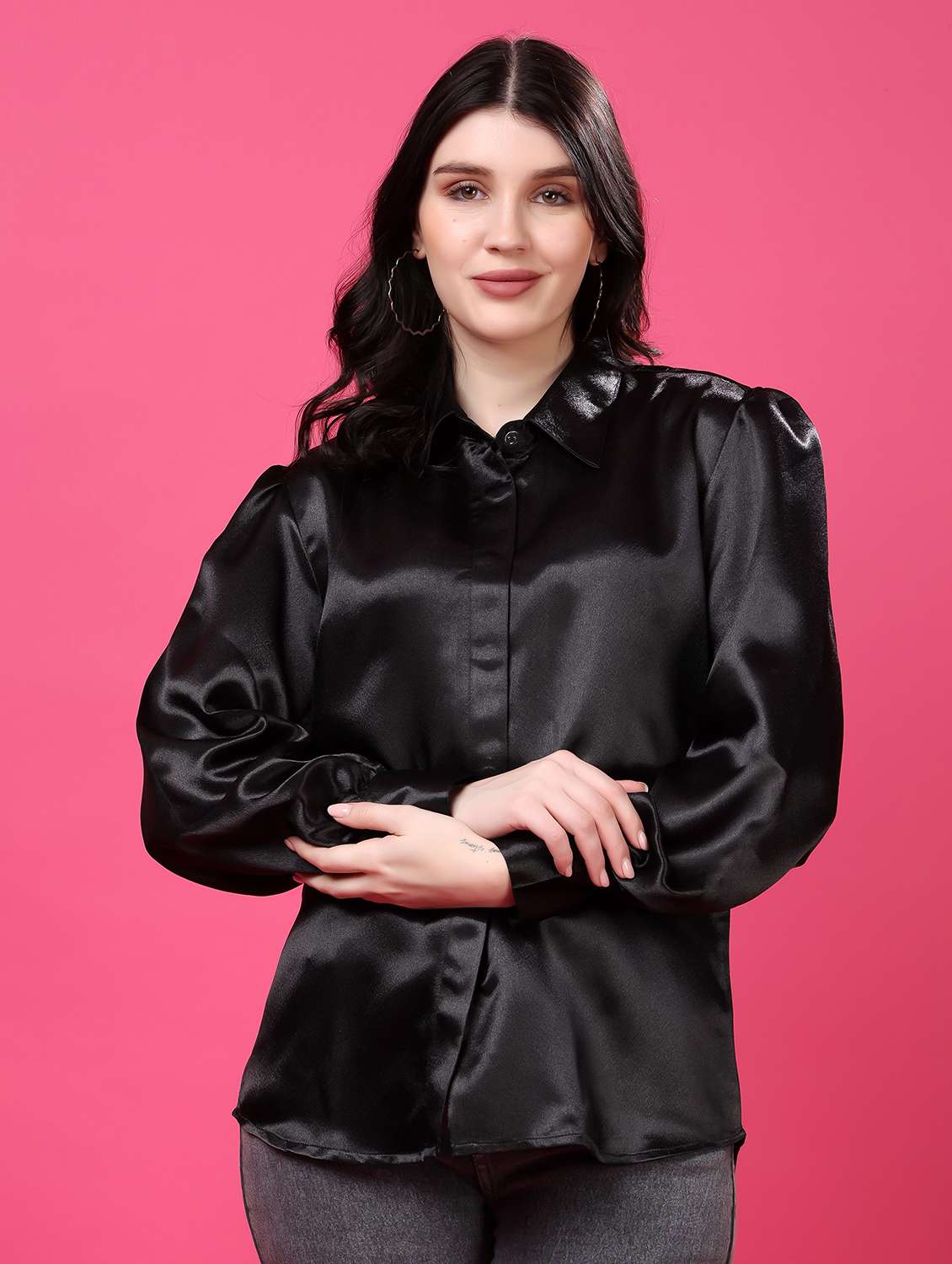 black satin regular shirt - 22077606 -  Zoom Image - 0