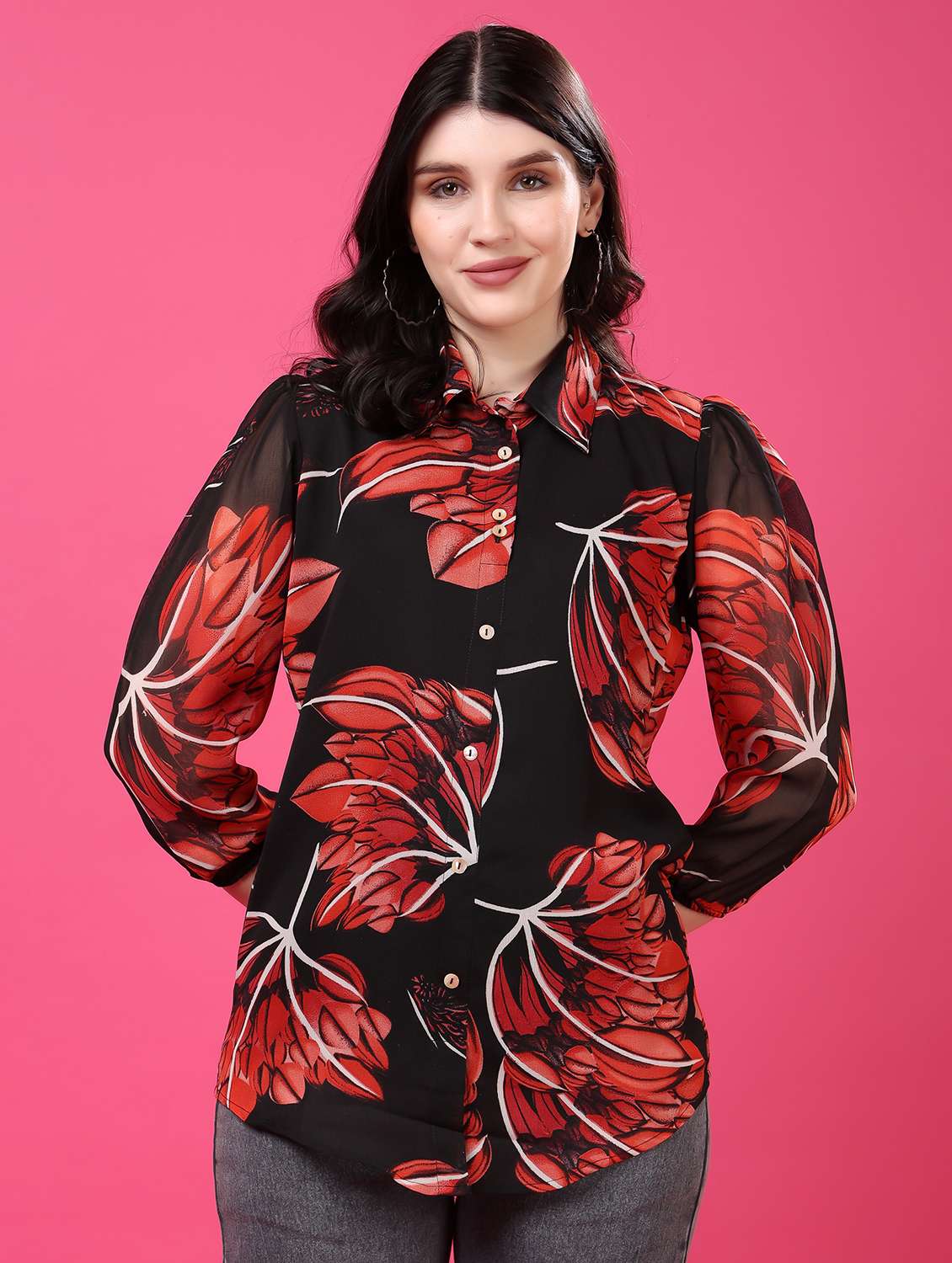 floral georgette shirt with puff sleeves multi