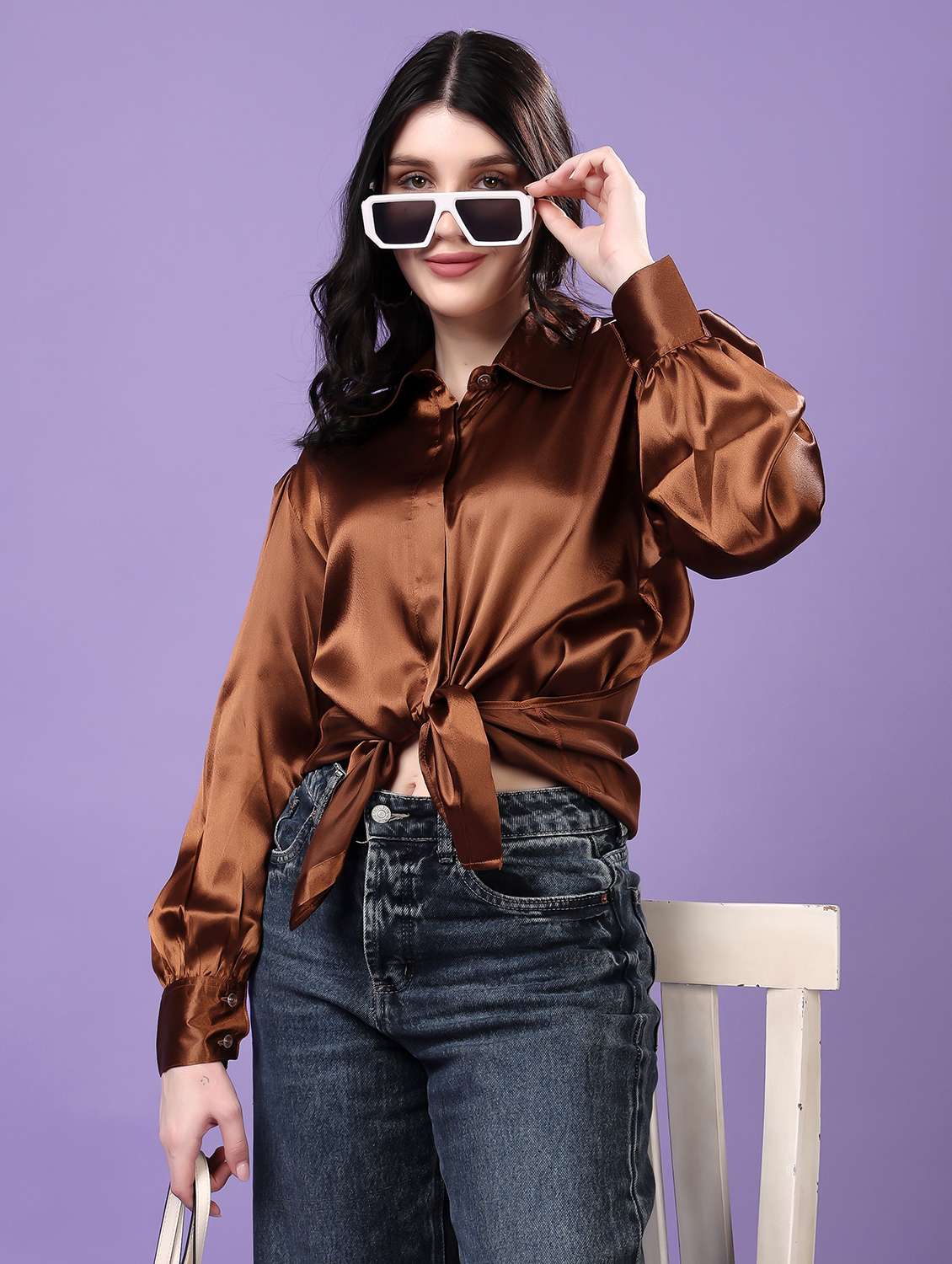 women solid collared puff sleeve shirt