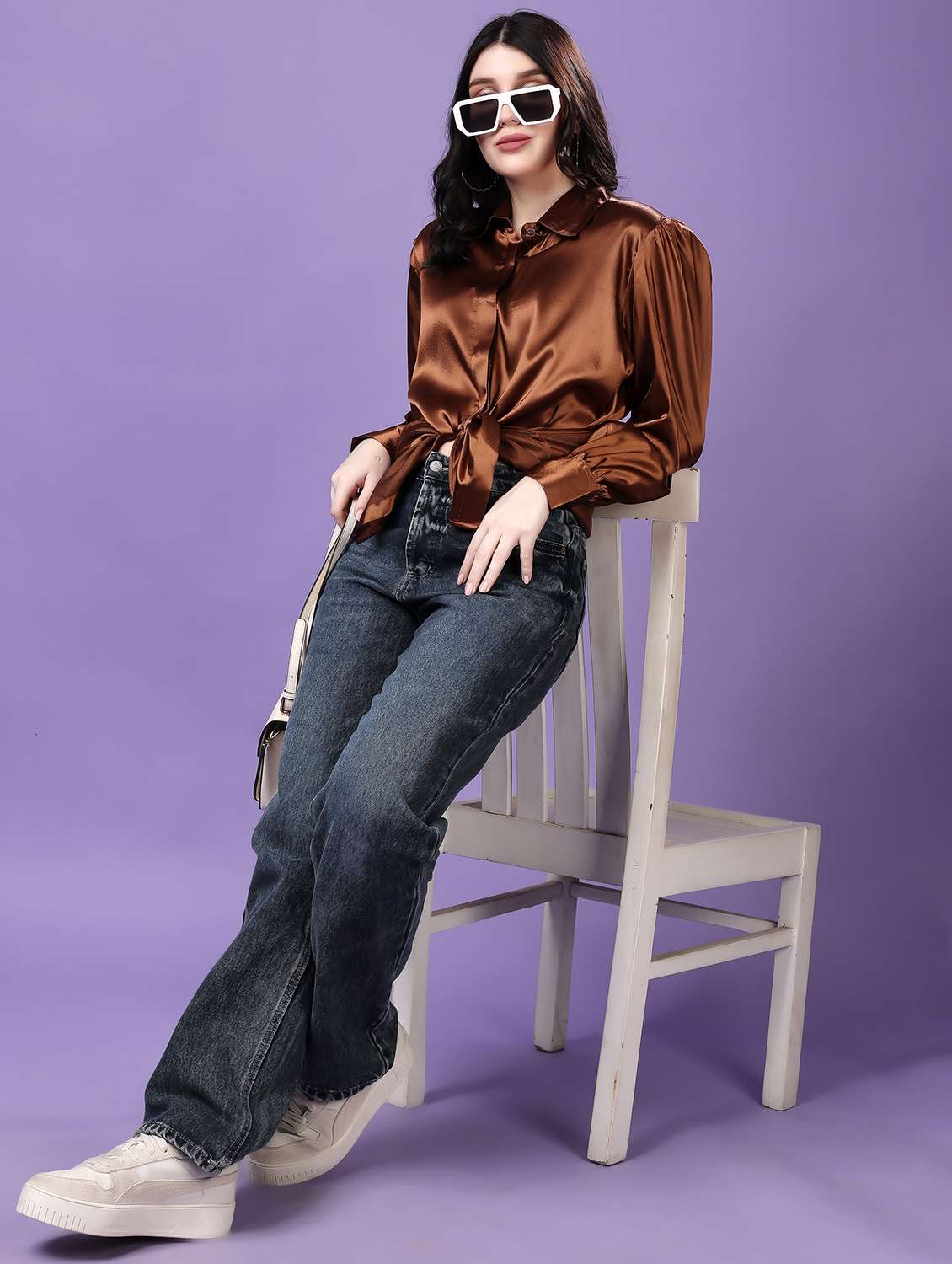 women solid collared puff sleeve shirt - 22077616 - Standard Image - 5