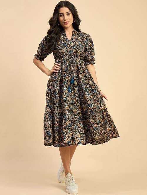 women printed puff sleeve tiered dress - 22077632 - Standard Image - 0