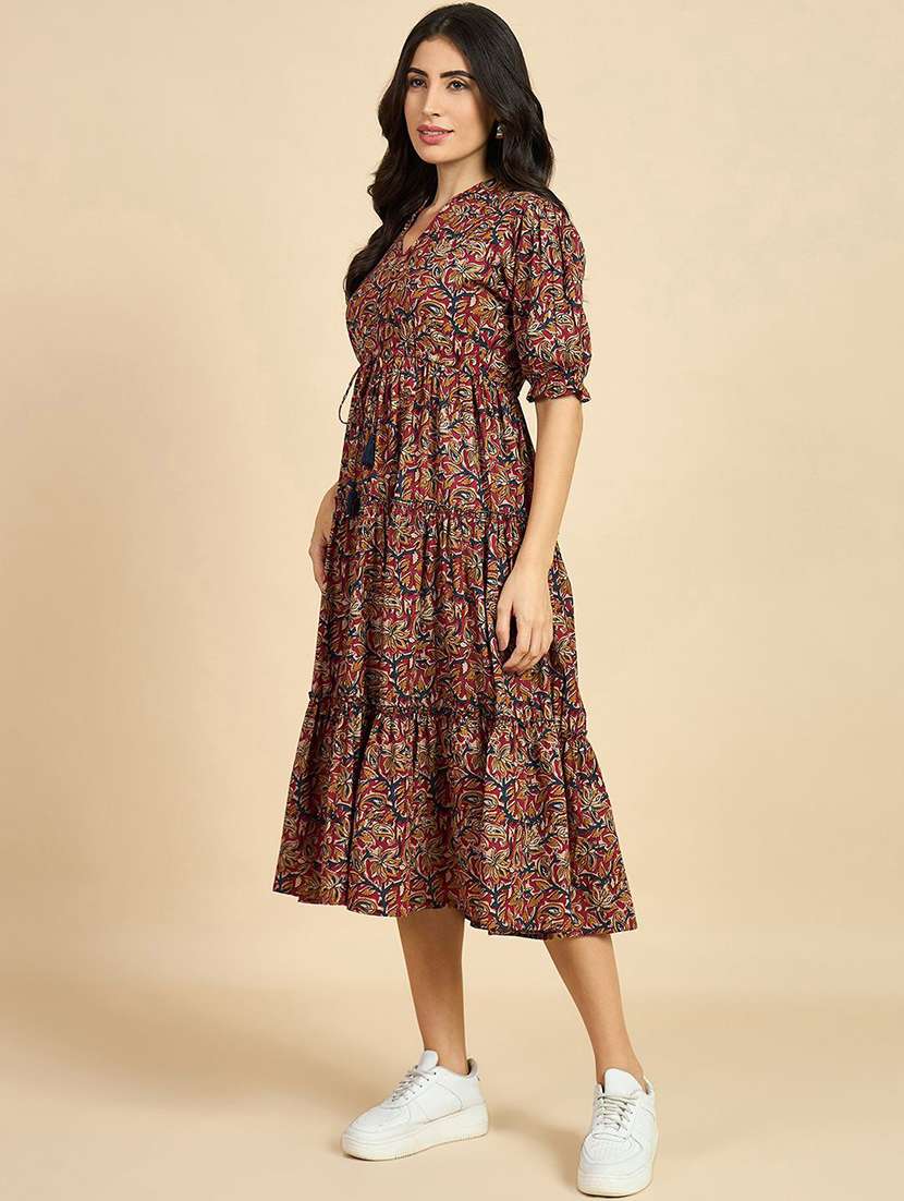women printed puff sleeve tiered dress