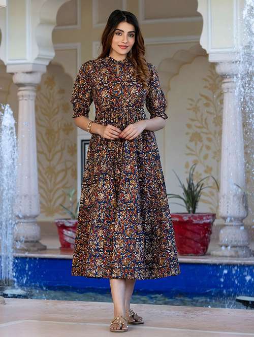 women printed puff sleeve tiered dress - 22077639 -  Standard Image - 0