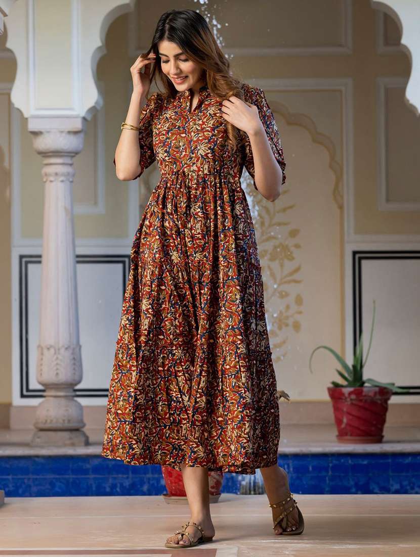 women printed puff sleeve tiered dress
