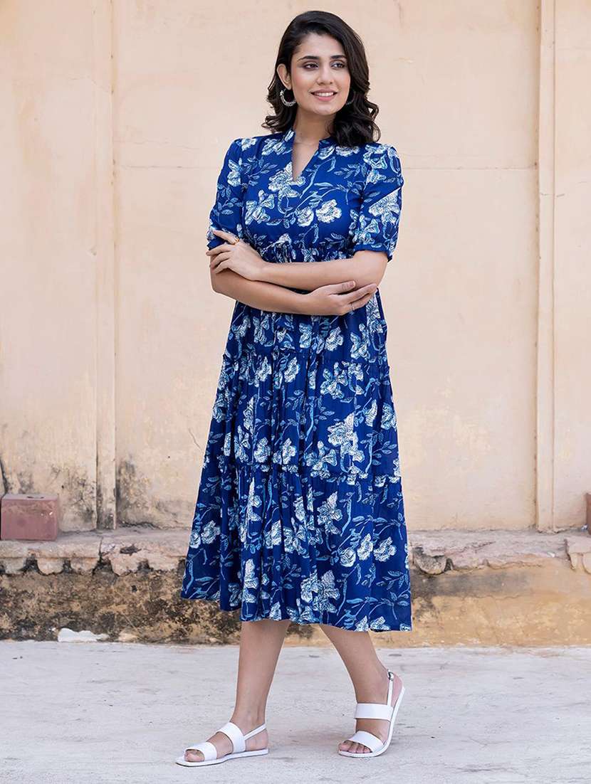 women printed puff sleeve tiered dress