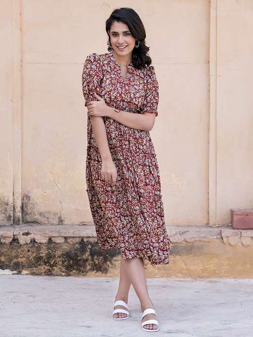women printed puff sleeve tiered dress - 22077645 - Standard Image - 0