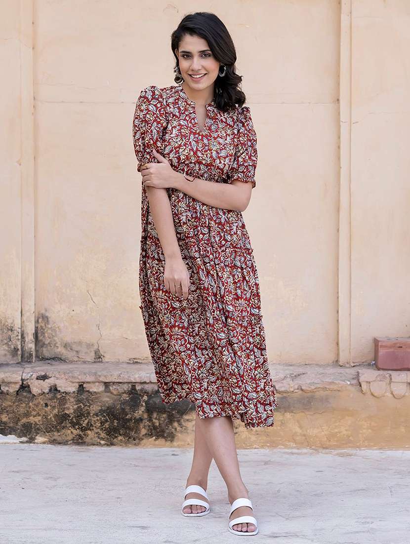 women printed puff sleeve tiered dress