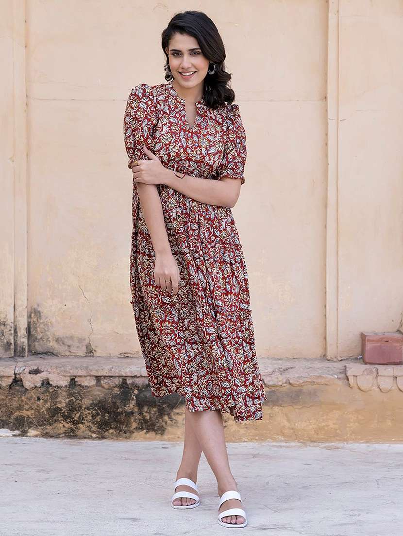 women printed puff sleeve tiered dress - 22077648 - Zoom Image - 0