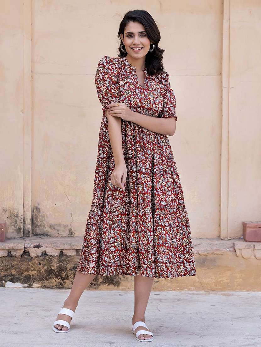 women printed puff sleeve tiered dress - 22077651 - Zoom Image - 0