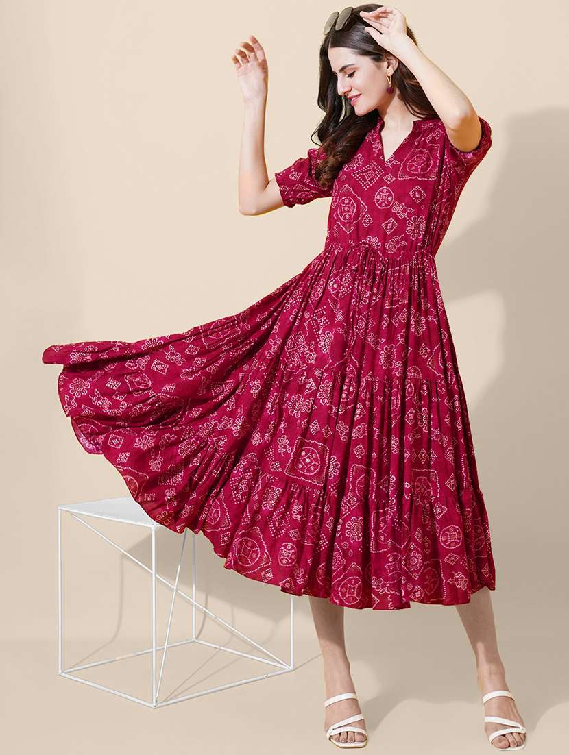 women printed puff sleeve tiered dress