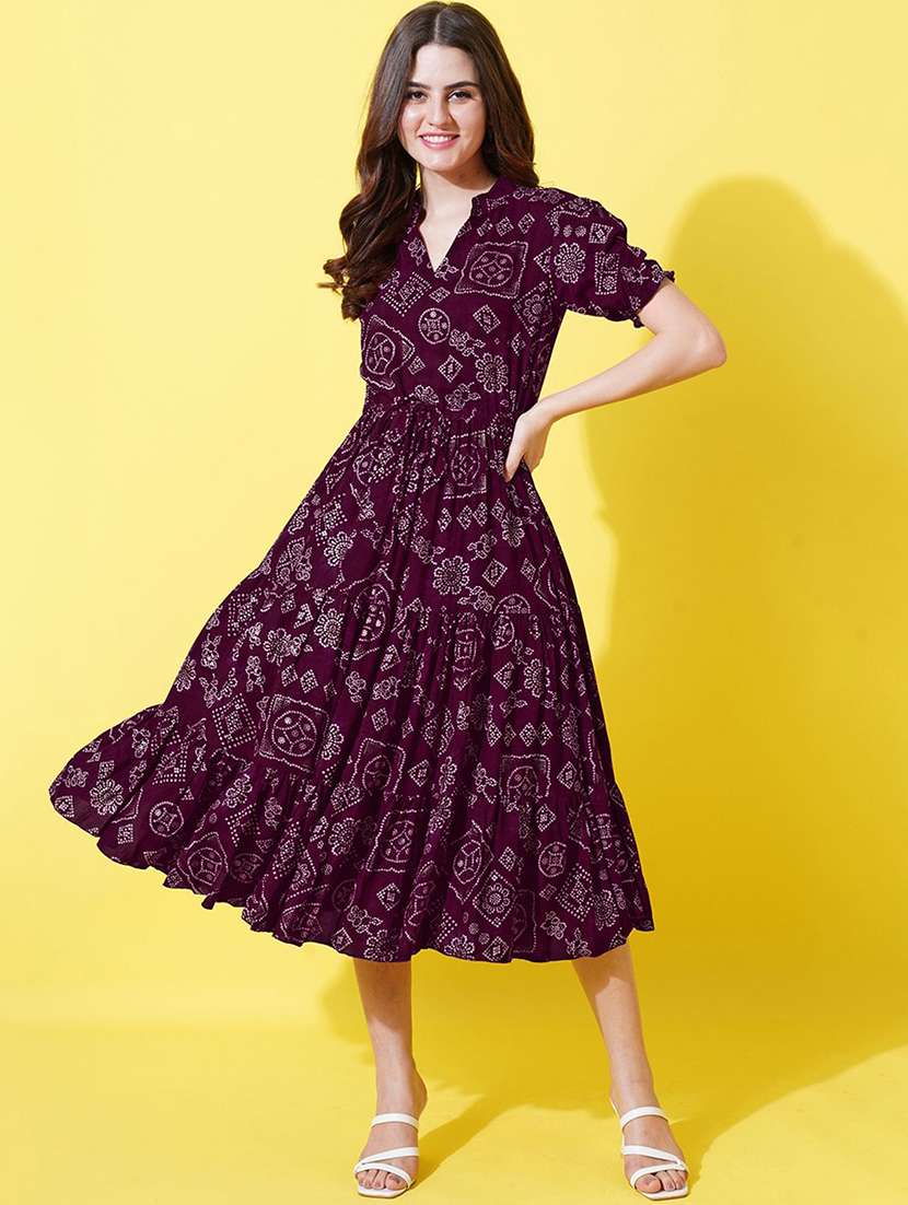 women printed puff sleeve tiered dress
