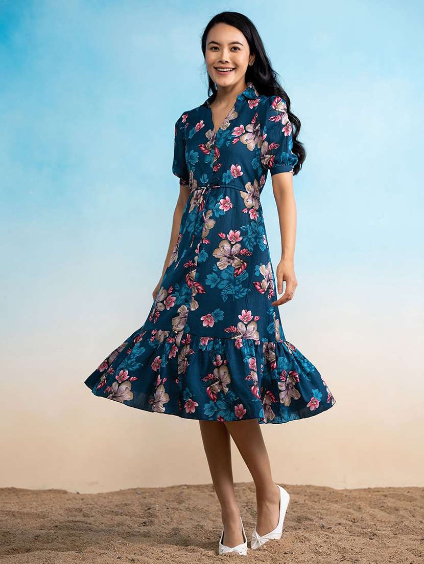 women printed puff sleeve tiered dress