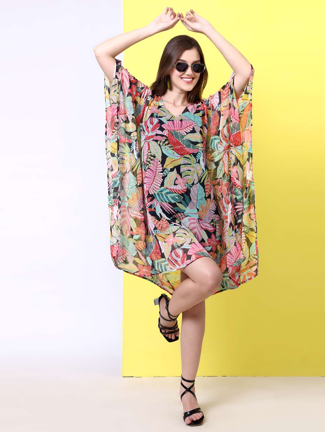 women printed kimono sleeve kaftan dress