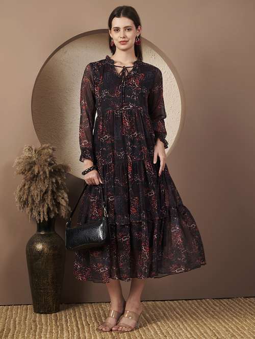 women printed three quarter sleeve tiered dress - 22077812 - Standard Image - 0