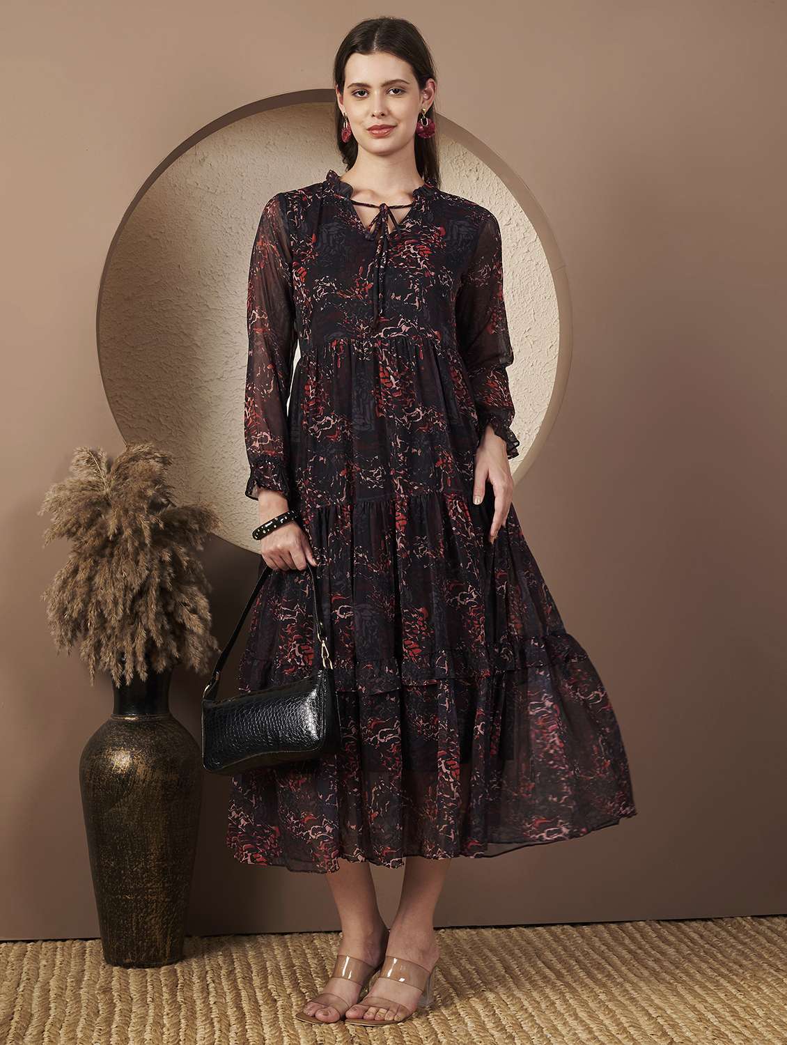 women printed three quarter sleeve tiered dress - 22077812 - Zoom Image - 0