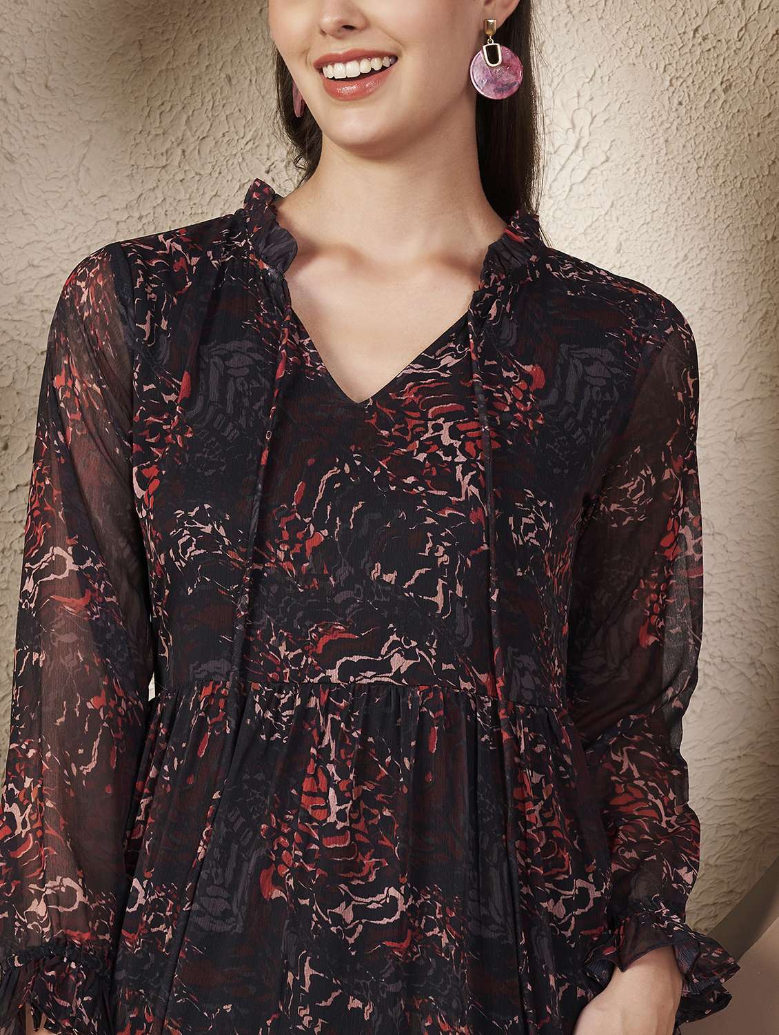 women printed three quarter sleeve tiered dress - 22077812 - Standard Image - 5